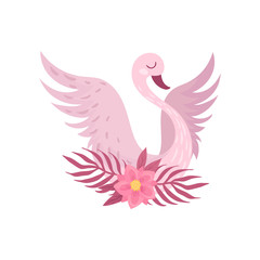 Pink swan on the composition of leaves and flower. Vector illustration on white background.