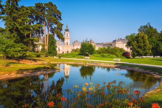 Festetics Palace with beautiful garden in summer, baroque architecture, Keszthely, Zala, Hungary. Outdoor travel background