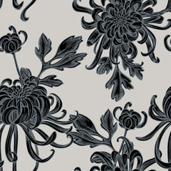 Seamless pattern with hand drawn stylized japanese chrysanthemum