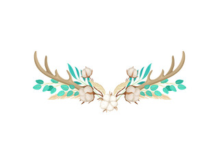 Two deer horns with cotton. Vector illustration on white background.