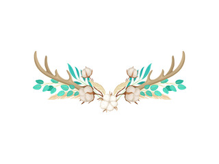 Two deer horns with cotton. Vector illustration on white background.