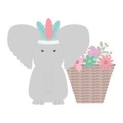 elephant with feathers hat and basket of flowers bohemian style
