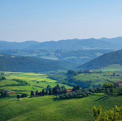 Fototapeta na wymiar Typical Tuscany landscape with hills, green trees and houses, Italy.