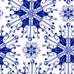 Seamless vector pattern on the theme of winter, cold with blue snowflakes. For fabric design, packaging. Background for greeting Christmas cards, New Year invitations.