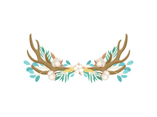 Feathers and cotton decorate the antler. Vector illustration on white background.