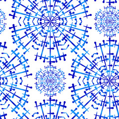 Seamless abstract pattern with stylized blue snowflakes in hand drawing style. For packaging paper design, fabric. Background for greeting cards.