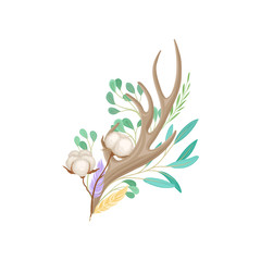 Composition of branches and cotton on a deer horn. Vector illustration on white background.