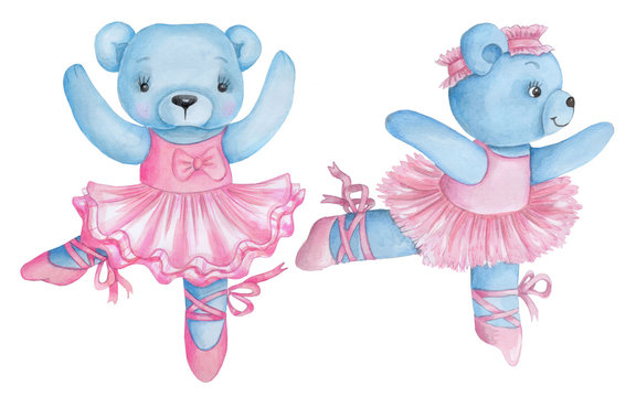 Cute watercolor illustration of two dancing teddy bear girls. hand painted water colour art. Isolated.