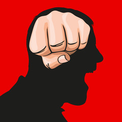 Concept du sentiment de haine avec un poing vu de face, qui prend la place d’un cerveau sur le profil d’un homme en colère.