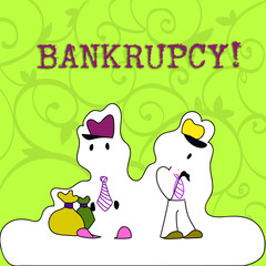 Conceptual hand writing showing Bankrupcy. Concept meaning Company under financial crisis goes bankrupt with declining sales Figure of Two Men Standing with Pouch Bag White Snow Effect