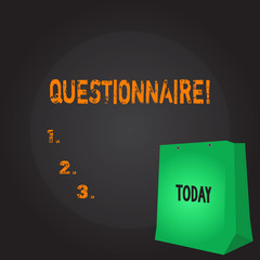 Conceptual hand writing showing Questionnaire. Concept meaning Questions with a choice of answers Survey Statistical study Color Gift Bag with Punched Hole on Two toned Blank Space