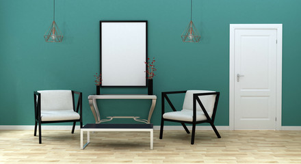 Mock up poster in modern living room with a door, 3d illustration