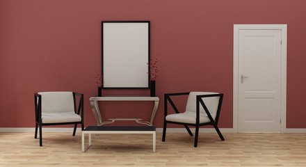 Mock up poster in modern living room with a door, 3d illustration