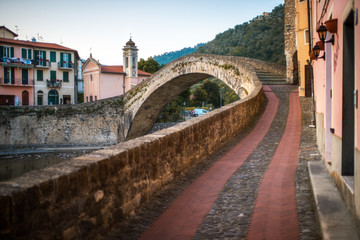Fototapeta na wymiar Narrow pedestrian street and the bridge in the old town of Dolceacqua, Imperia province, Liguria region, Italy