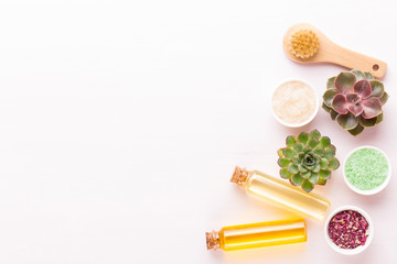 Spa background with handmade bio cosmetic and  cactus composition, flat lay, space for a text - Image.