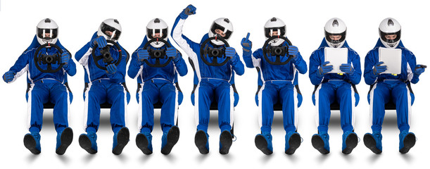 Race or rally driver and co-pilot passenger set collection driving reading the pacenote book on racing bucket seat abstract funny motorsport concept extreme fast rallye isolated white background