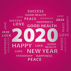 2020 Happy New Year greeting card. Silver best wishes on pink festive background.