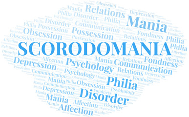 Scorodomania word cloud. Type of mania, made with text only.