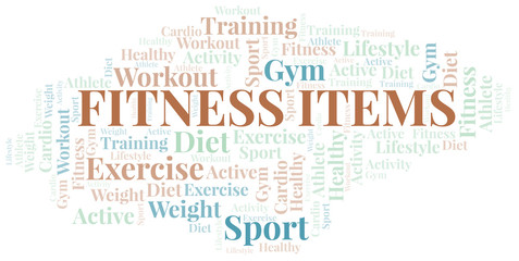 Obraz premium Fitness Items word cloud. Wordcloud made with text only.
