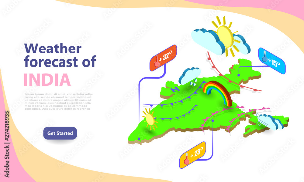 Wall mural weather forecast map of india. isometric set icons location on country. vector widgets layout of a m