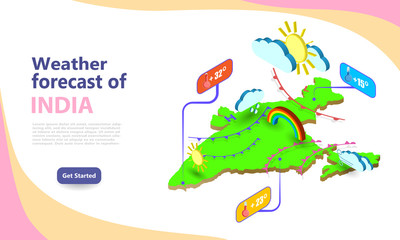Fototapeta na wymiar Weather forecast map of India. Isometric set icons location on country. Vector widgets layout of a meteorological application. Illustration of meteo pictograms for web, graphic, infographic design