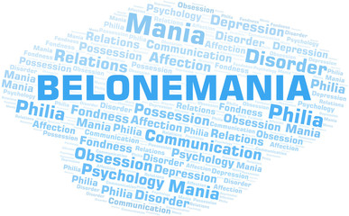 Belonemania word cloud. Type of mania, made with text only.