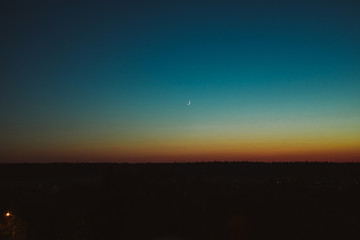 Late evening sky and landscape. Calm summer scenery night. Camping in wilderness. Sunset, sunrise in park. Scenic, picturesque view backdrop, background. Wild forest at nighttime