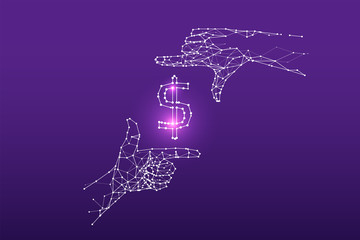 The particles, geometric art, line and dot of finger frame and money.