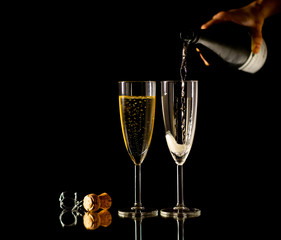 Bottle and glasses of Champagne toasting for New year Romantic Celebration and Special moments