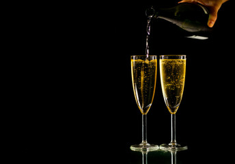 Bottle and glasses of Champagne toasting for New year Romantic Celebration and Special moments