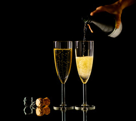 Bottle and glasses of Champagne toasting for New year Romantic Celebration and Special moments