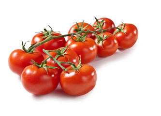Tomatoes, Isolated on White Background – Bunch, Group of Fresh Italian Tomatoes, Red Vegetable, Green Stem, Traditional Cuisine Ingredient – Detailed Close-Up Macro, High Resolution