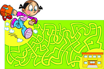 Vector illustration with a maze, a puzzle where it is necessary to help a schoolgirl to get to school faster.