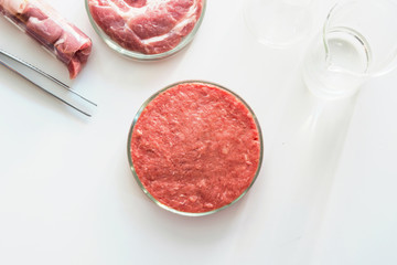 Laboratory studies of artificial meat. Minced meat in glass Petri dish. Chemical experiment.