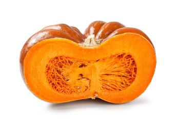 Pumpkin – Halved, Cut Open Orange Pumpkin with Interior Detail, Seeds – Close-Up Macro – Isolated on White Background