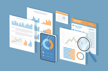 Mobile auditing, data analysis, statistics, research. Phone with information on the screen, documents, report, calendar, magnifier. Growing charts and graphics. Isometric 3d vector illustration. - obrazy, fototapety, plakaty