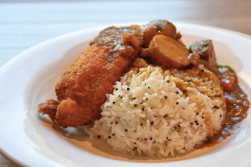 Curry fish with quinoa, white rice
