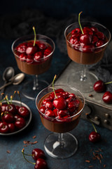 delicious chocolate Panna Cotta dessert with sweet cherry sauce