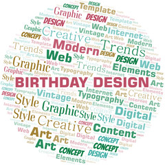 Birthday Design word cloud. Wordcloud made with text only.