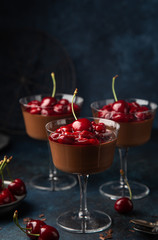 chocolate Panna Cotta dessert with sweet cherry