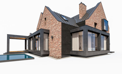 3d rendering of modern cozy clinker house on the ponds with garage and pool for sale or rent. Isolated on white