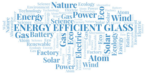 Energy Efficient Glass word cloud. Wordcloud made with text only.