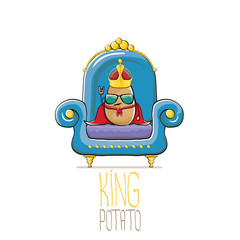 vector funny cartoon cute brown smiling king potato with golden royal crown and red mantle or cape sitting on blue throne isolated on white background. vegetable funky food drawn character