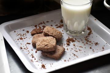 chocolate cookies chip with glass of milk
