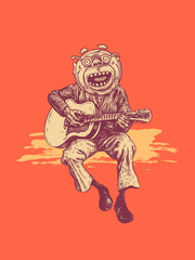 A man with round glasses plays the guitar and sings the nostalgic songs of his youth. Drawing Style. Vector illustration.