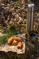 Fresh homemade meat patty cakes, thermos bottle and steel cup on stump in the forest. Picnic. Close up