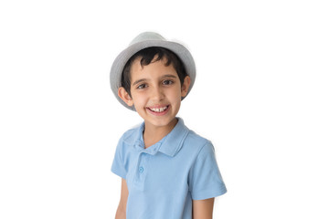 Smile boy in hat and t-shirt. Isolated over white background. Schoolboy. Teenager.