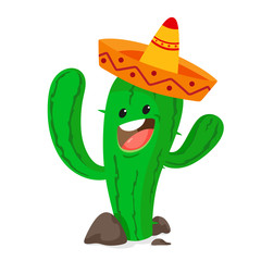 Fun cactus with maracas and sombreros. Vector illustration on white background.