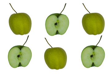  Half of green apple with the peel. Healthy, fresh apple. Half of green apple with the nucleolus. The flesh of the apples.