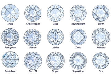 Fifteen cut varieties of round diamond shape with titles on white background. - obrazy, fototapety, plakaty